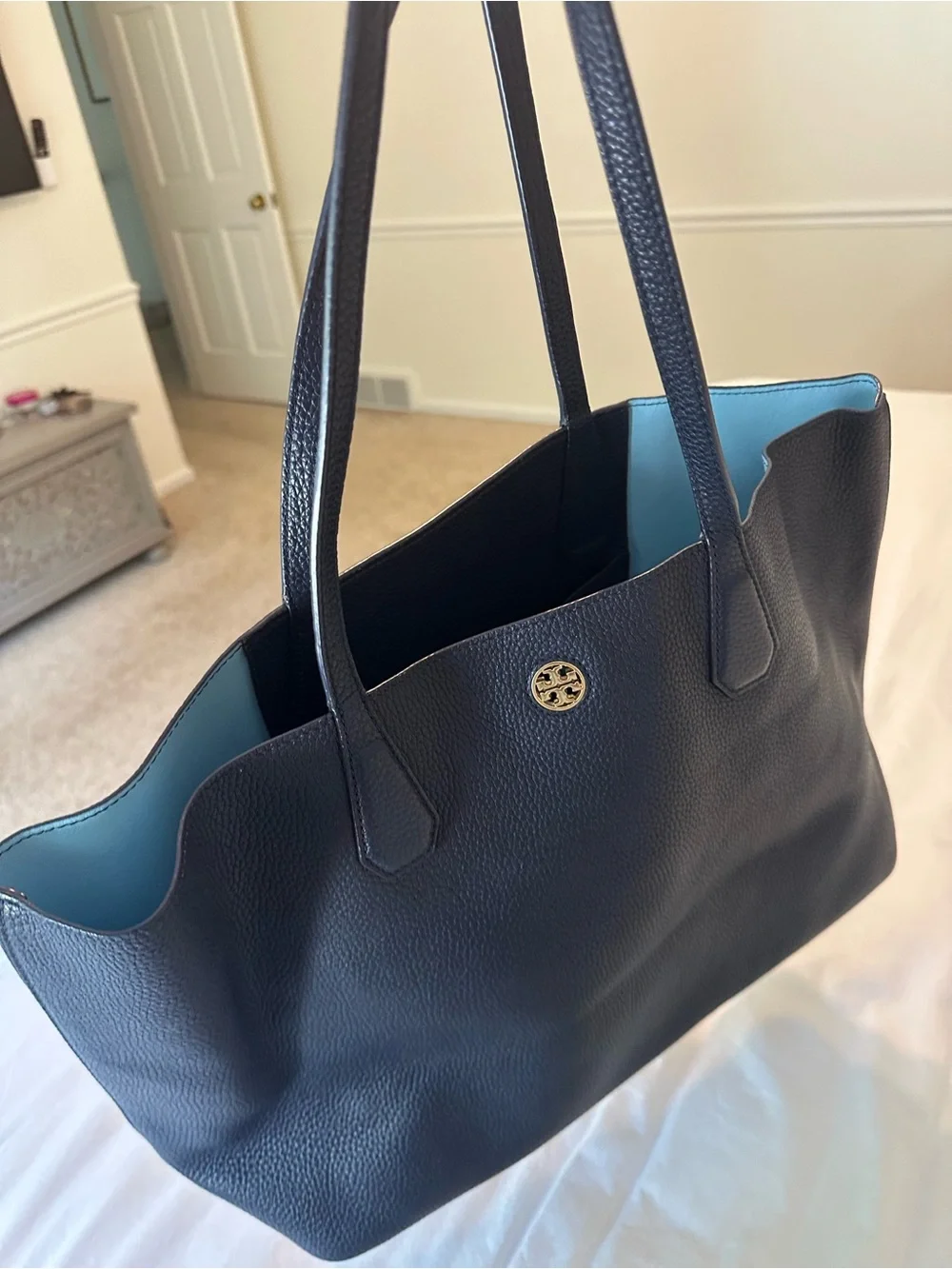 Tory Burch Navy Pebbled Leather McGraw Tote with Gold Logo